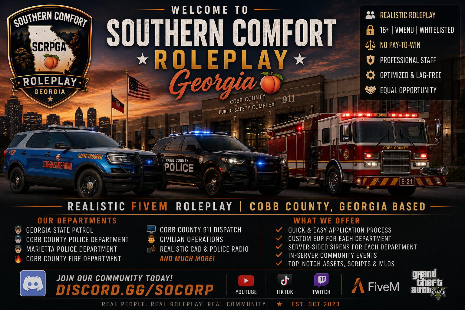 Discovery splash banner for Southern Comfort Roleplay: Georgia Discord server
