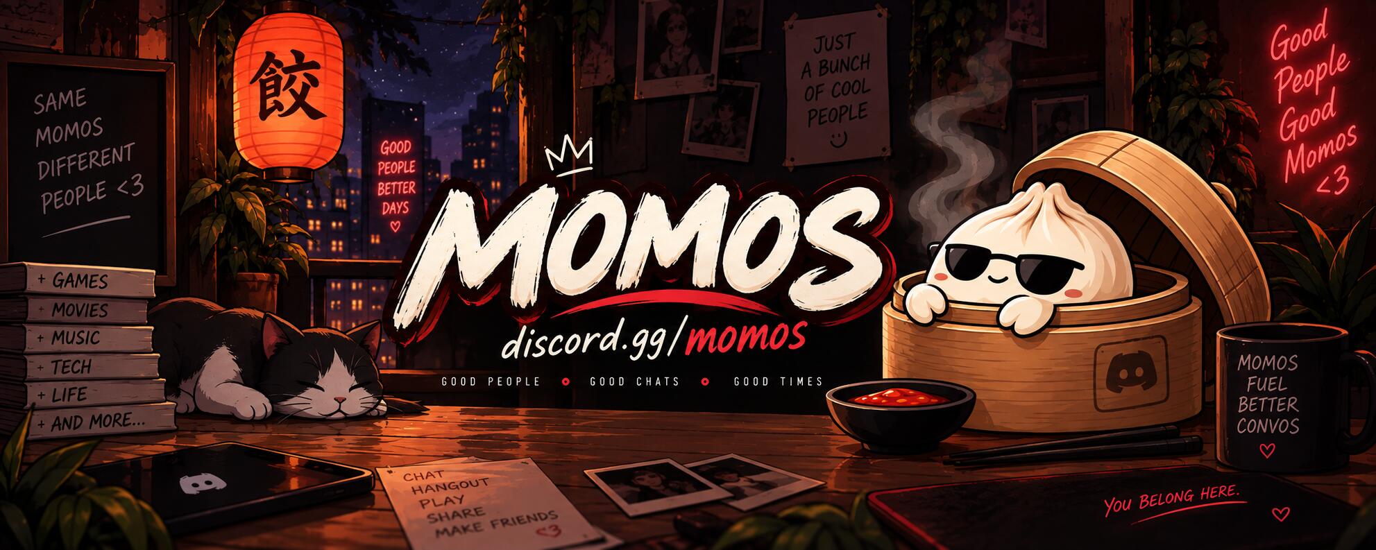 Discovery splash banner for Momos Cafe | Social x Hangout Discord server