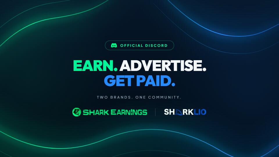 Discovery splash banner for Shark Network: Earn, Advertise, Monetize Discord server
